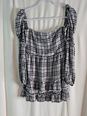 MAJORELLE Black & White Plaid Ruffle Tunic